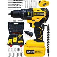 Alman 58 V 10 Ah 13 mm Metal Mandren Darbeli Çift Akülü Vidalama Matkap 27 Parça Pro Set Sari