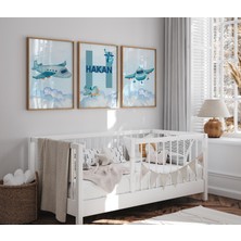 Rabadon Çerçevesiz Uçak Temalı Erkek Çocuk Odası Poster 3'lü Set İsme Özel