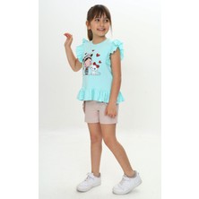 Kız Çocuk Yazlık Tişört &şort Takım Kız ve Kedi Desenli