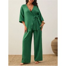 Büyük Beden Çapraz Bağlamalı Pamuk Keten Kimono Takım