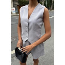 La Mode Istanbul Yelek Şort Flamlı Keten Takım 10133-17