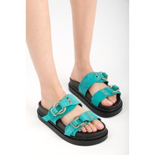 Mio Gusto  Gretel Hakiki Süet Turkuaz Rengi Çift Tokalı Kadın Terlik