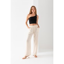 Kadın %100 Pamuk Krem Geniş Paça Muslin Pantolon
