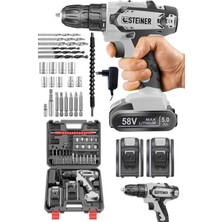 Germany Technology Kupfer Darbeli 58 V 5 Ah Çift Akülü Vidalama Matkap Gri + 24 Parça Set