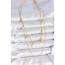 316L Çelik Gold Renk 2'li Zincir Sallantı Yıldız Inci Model Kadın Kolye - Bamido