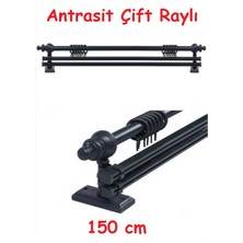 Antrasit Çift Raylı Ahşap Rustik Perde Askısı - Al Rustik Borusu 150 cm