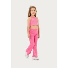 Kız Çocuk Pamuklu Pembe Ribana Askılı Crop ve Bol Paça Pantolon 2'li Takım