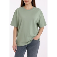 Guaraz Kadın Yeşil Oversize Bisiklet Yaka %100 Pamuk Düz Basic Yazlık T-Shirt