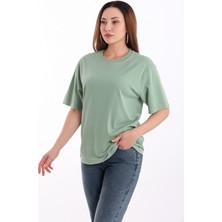 Guaraz Kadın Yeşil Oversize Bisiklet Yaka %100 Pamuk Düz Basic Yazlık T-Shirt