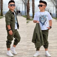 Modavals Gabardin Gömlek Kargo Cep Pantolon ve Kaplan Baskılı Tshırt 3 Parça Erkek Çocuk Takım