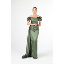 Haki Drape Detaylı Saten Kumaş Abiye Elbise 9704858.23