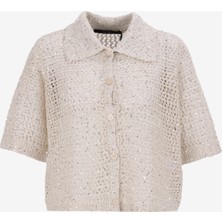 Vero Moda Gömlek Yaka Normal Krem Kazak Kadın Vmleılanı Glıtter 2/4 Poloneck Card