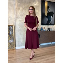 Velmora Fashion Kadın Kısa Kollu Bisiklet Yaka Midi Viskon Iki Iplik Elbise