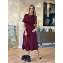 Velmora Fashion Kadın Kısa Kollu Bisiklet Yaka Midi Viskon Iki Iplik Elbise