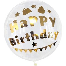 Parti Adresi Happy Birthday Yazılı Doğum Günü Balonu Şeffaf Bobo Balon Altın