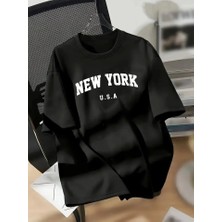 Aisha Elbise New York Baskılı Oversize Bisiklet Yaka T-Shirt - Siyah