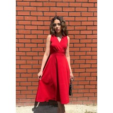 Passense Kadın Ithal Krep Kumaş Kruvaze Yaka Eteği Kloş Kolsuz Mini Elbise
