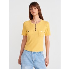 10733 Bisiklet Yaka Cepli Düğmeli Triko Bluz-Koyu Sarı