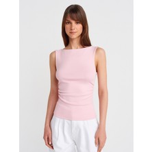 31589 Büzgülü Kayık Yaka Top-Toz Pembe