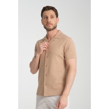 2033 Rico Erkek Koyu Bej Waffle Standart Fit Kısa Kol Apaş Yaka Spor Gömlek