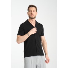 2033 Rico Erkek Siyah Waffle Standart Fit Kısa Kol Apaş Yaka Spor Gömlek