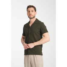 2033 Rico Erkek Haki Waffle Standart Fit Kısa Kol Apaş Yaka Spor Gömlek