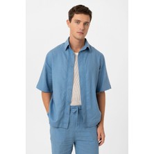 Antioch Mavi Keten Karışımlı Relaxed Erkek Gömlek
