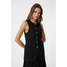 Antioch Siyah Keten Karışımlı Kadın Uzun Yelek