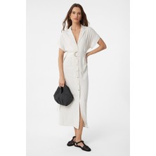 Antioch Ekru Keten Karışımlı Kemerli Kadın Elbise