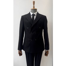 Baba Terzi Erkek Çizgili Kruvaze Takım Elbise Slim Fit Lacivert Modern Tasarım