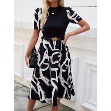 Kadın Kısa Kollu Yarı Balıkçı Yaka Üst Viskon Alt Desenli Dokuma Midi Elbise