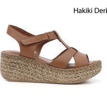 Kadın Taba Cırt Bantlı Dolgu Topuk Hakiki Deri Sandalet