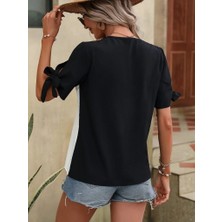 Velmora Fashion Kadın Kısa Kollu Kollardan Bağlamalı Önden Asimetrik Kesim Çift Renk Detaylı Düğmeli Ithal Krep Bluz