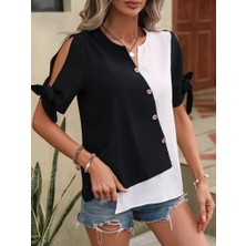 Velmora Fashion Kadın Kısa Kollu Kollardan Bağlamalı Önden Asimetrik Kesim Çift Renk Detaylı Düğmeli Ithal Krep Bluz