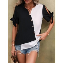 Velmora Fashion Kadın Kısa Kollu Kollardan Bağlamalı Önden Asimetrik Kesim Çift Renk Detaylı Düğmeli Ithal Krep Bluz