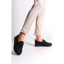 Vıolet Bağcıklı Lastikli Ortopedik Rahat Taban Cilt Detaylı Klasik Kadın Babet Anne Ayakkabısı St - Siyah