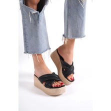 Joymıx Dolgu Topuklu Ortopedik Taban Hasır Görünümlü Kadın Terlik Kt - Siyah