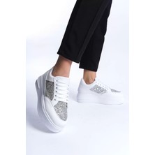 Mıpa Bağcıklı Ortopedik Taban Simli Kadın Sneaker Spor Ayakkabı  Bt - Beyaz