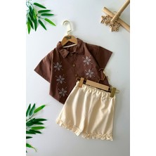 Miniğimin Cicileri Işleme Detaylı Fırfırlı Kız Çocuk Şortlu 2 li takım - Kahve