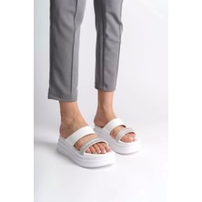 Sarah Düz Topuklu Taşlı Şeritli Kalın ve Ortopedik Taban Kadın Terlik  Bt - Beyaz