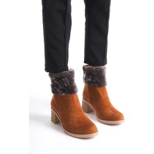 Katya Fermuarlı Ortopedik Taban Topuklu Kürk Detaylı Süet Kadın Bot  Tt - Taba