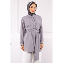 İmaj Butik Gri Kuşak Detaylı Bürümcük Gömlek