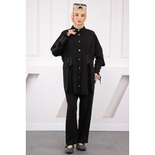 İmaj Butik Siyah Kolu Ve Beli Bağcıklı Modal Tunik Pantolonlu Takım