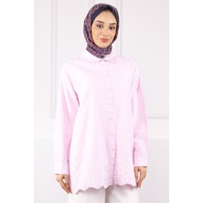 İmaj Butik Pembe Etek Ucu Nakış İşlemeli Çizgili Gömlek