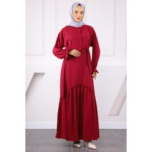 İmaj Butik Bordo Eteği Büzgülü Beli Kuşaklı Linda Elbise