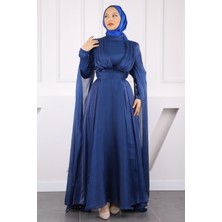 İmaj Butik Saks Mavi Omuz Detaylı Drapeli Abiye