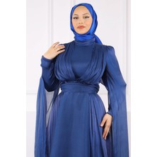 İmaj Butik Saks Mavi Omuz Detaylı Drapeli Abiye