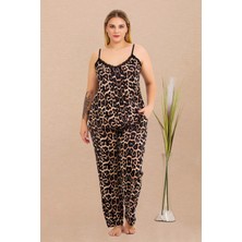 Siyah Renk ve Leopar Desenli 11026  Askılı Kol Kadın Büyük Beden Anne Pijama Takımı
