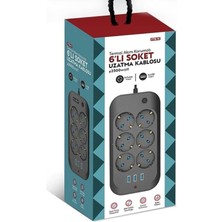 Hoala Termal Akım Korumalı, 6'lı Priz Soketi, 3x USB Girişli Çocuk Korumalı Uzatma Kablosu (2mt Kablo)
