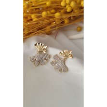 Zirkon Taşlı Yaprak Gold Küpe